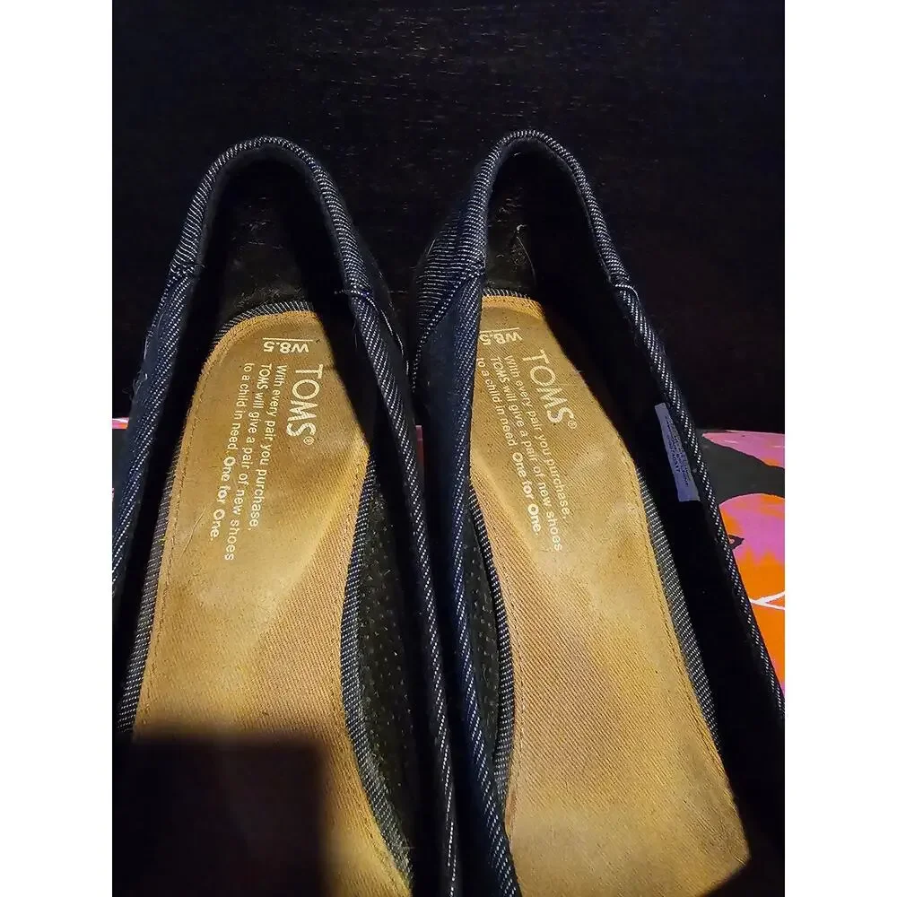 Toms Stella peep toe cork wedges black denim size 8.5‎